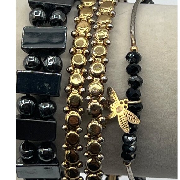 Gold & Black Beaded Jewelry Set: Layered Necklace 2  Bangles & 2 Bracelets. - Picture 9 of 10